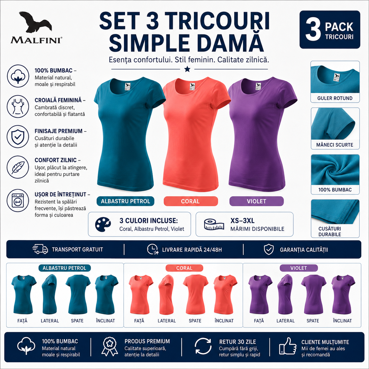 Set 3 tricouri damă 100% bumbac albastru coral violet model 122 transport gratuit